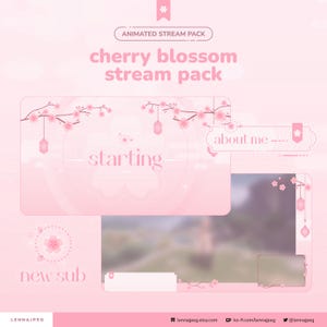 May include: A pink animated stream pack with cherry blossom theme. The pack includes overlays for "starting", "about me", and "new sub" with decorative cherry blossom branches and lanterns. The text "cherry blossom stream pack" is displayed at the top.