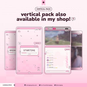 May include: A digital overlay set for live streaming featuring a light pink color palette with pixel art elements. The design includes multiple screen layouts with text boxes displaying 'STARTING', 'PLEASE WAIT', and 'BREAK', plus chat windows.