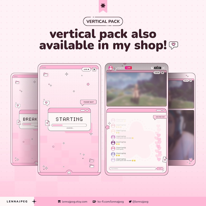 May include: A digital overlay set for live streaming featuring a light pink color palette with pixel art elements. The design includes multiple screen layouts with text boxes displaying 'STARTING', 'PLEASE WAIT', and 'BREAK', plus chat windows.