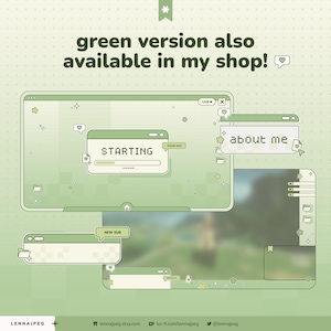 May include: A digital streaming overlay set in shades of sage green featuring multiple window frames with pixelated text that reads STARTING, PLEASE WAIT, LOADING, and about me. The design includes small star, heart, and folder icons.