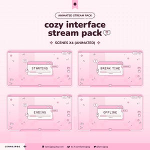 May include: An animated stream pack featuring four pink interface scenes labeled STARTING, BREAK TIME, ENDING, and OFFLINE. Each window includes a loading bar, small heart icons, folder symbols, and a live status indicator on a soft pink background.