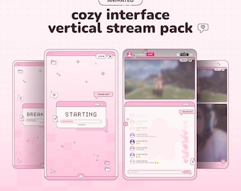 May include: An animated vertical stream pack featuring a light pink interface with pixel art elements. The design includes windows labeled STARTING, BREAK, and a chat box with user icons, heart graphics, and star accents on a soft pink background.