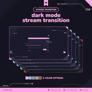 Könnte beinhalten: Digitales Grafikdesign für einen Dark-Mode-Stream-Übergang. Das Design zeigt einen Stapel von fünf übereinanderliegenden Bildschirmen mit rosa, blauen, lila, grünen und roten Akzenten. Der Text enthält "STINGER TRANSITION" und "dark mode stream transition". Das Design bietet "5 COLOR OPTIONS".