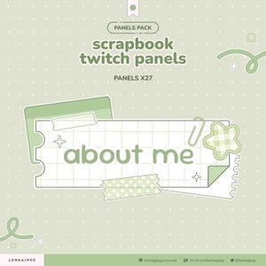 Pode incluir: Um design de painel Twitch com tema de scrapbook verde claro com o texto "about me". O design inclui um fundo de grade, fita adesiva decorativa, um adesivo em forma de estrela e um clipe de papel. As palavras "PANELS PACK" e "PANELS X27" também são visíveis.