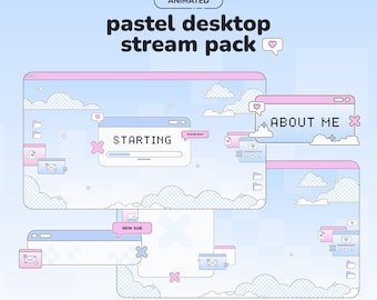 May include: Animated pastel desktop stream pack with a light blue and pink color scheme. The design includes multiple windows with cloud and heart graphics, and text that reads "STARTING", "NEW SUB", and "ABOUT ME".
