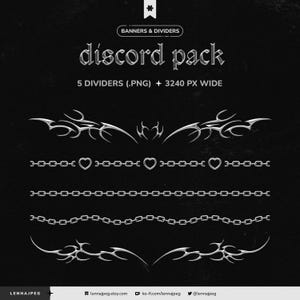 May include: A digital pack of Discord banners and dividers. The image features silver-colored decorative elements, including tribal designs, chains, and heart accents, set against a black background. Text includes "discord pack" and "5 DIVIDERS (.PNG) + 3240 PX WIDE."
