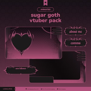 May include: A digital graphic design for a "sugar goth vtuber pack" in dark pink and black. The design features animated elements, a heart-shaped frame, and buttons labelled "about me" and "comms".