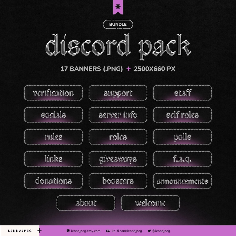 May include: A digital Discord pack graphic with a dark background and a purple and silver colour scheme. The text "discord pack" is displayed prominently, along with 17 banner options, including "verification," "support," and "staff."