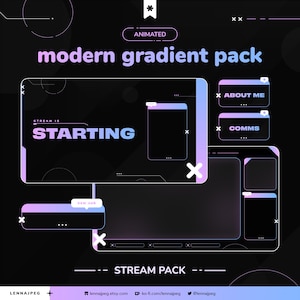 Könnte beinhalten: Ein modernes Gradienten-Pack-Design für Streaming, mit einem schwarzen Hintergrund und lila und blauen Akzenten. Das Design enthält animierte Elemente, den Text "STREAM IS STARTING" und Abschnitte mit "ABOUT ME" und "COMMS".