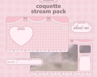 Puede incluir: Diseño animado en rosa y blanco de un "coquette stream pack". El paquete incluye un marco en forma de corazón, un marco "about me" y otros elementos decorativos con lazos y encaje. El fondo es un patrón de cuadros.