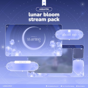 Op de afbeelding: Geanimeerd "lunar bloom stream pack" ontwerp in blauwtinten. Het ontwerp bevat een halve maan, bloemelementen en de tekst "STREAM IS starting", "NEW SUB" en "about me". Het ontwerp is voor streaming.