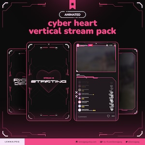 Könnte beinhalten: Ein digitales vertikales Stream-Paket mit schwarzem Hintergrund und pinkfarbenen Neon-Akzenten. Das Design enthält eine Herzgrafik, den Text "STREAM IS STARTING" sowie ein Live-Interface mit Chat-Boxen, Benutzer-Icons und herzförmigen Symbolen.
