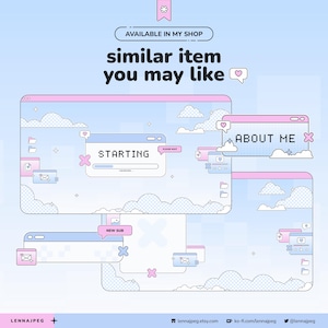 May include: A digital graphic overlay set featuring pastel blue and pink computer window interfaces with cloud motifs. Text includes "AVAILABLE IN MY SHOP", "similar item you may like", "STARTING", "PLEASE WAIT", "LOADING", "ABOUT ME", and "NEW SUB".