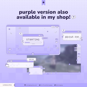 May include: A digital streaming overlay set in light purple with pixel art elements. It features windows labeled STARTING, about me, and NEW SUB. The design includes icons of folders, hearts, and stars on a checkered background with the text purple version also available in my shop.
