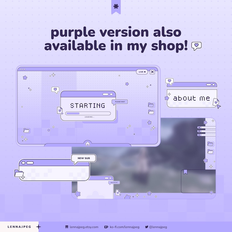 May include: A digital streaming overlay set in light purple with pixel art elements. It features windows labeled STARTING, about me, and NEW SUB. The design includes icons of folders, hearts, and stars on a checkered background with the text purple version also available in my shop.