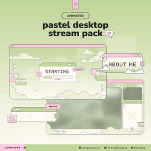 Puede incluir: Paquete de transmisión de escritorio pastel animado con tonos verde claro y rosa. El diseño incluye varios elementos de superposición animados con texto como "Starting" y "About Me". Diseñado para streaming.