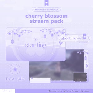 Könnte beinhalten: Ein helllila animiertes Stream-Paket mit Kirschblüten-Thema. Das Design enthält den Text "cherry blossom stream pack", "starting", "about me" und "new sub". Das Paket enthält Blumen- und Laternen-Grafiken.