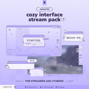 Könnte beinhalten: Ein digitales Grafikdesign in Lilatönen, das ein gemütliches Interface-Stream-Paket zeigt. Das Design umfasst animierte Elemente wie Chat-Boxen, einen "Starting"-Bildschirm und einen "About Me"-Bereich, mit dem Text "FOR STREAMERS AND VTUBERS!"