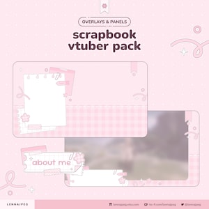 May include: A pink scrapbook-themed Vtuber pack with overlays and panels. The design includes a gingham pattern, paper elements, and the text "about me". The overall aesthetic is soft and feminine.