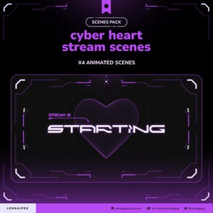 May include: A digital graphic with a black background and purple accents. The text reads "cyber heart stream scenes" and "X4 ANIMATED SCENES". A purple heart graphic is in the center, with the word "STARTING" below it. The Etsy shop name is displayed.
