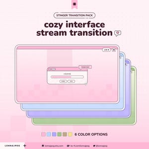 Puede incluir: Gráfico de arte digital que presenta una "transición de flujo de interfaz acogedora". La imagen muestra una pila en capas de seis opciones de color, incluyendo rosa, azul, verde y amarillo. El diseño incluye un gráfico de pantalla de carga con el texto "LOADING" y "PLEASE WAIT".