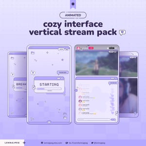 Peut inclure: Un pack de streaming vertical numérique avec une palette de couleurs violet clair et des éléments en pixel art. L'interface comprend des fenêtres marquées "STARTING" et "BREAK", des boîtes de chat avec des cœurs et des icônes d'interface.
