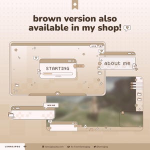May include: A digital streaming overlay set in a beige color palette featuring pixelated window designs. Elements include a starting screen with a loading bar, an about me box, a new sub notification, and various icons like folders and stars.