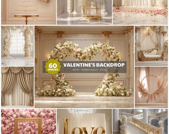 Lot de toiles de fond numériques pour la Saint-Valentin, 60 arrière-plans de mariage romantiques de luxe, arrière-plans de photographie florale rose rose, décoration d'amour or