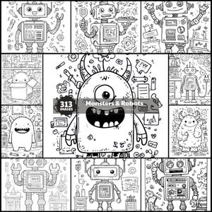May include: A collection of black and white illustrations featuring robots and monsters. The images include various robot designs, a one-eyed monster, and other cartoon creatures. The text "Monsters & Robots" and "313 Images" are also present.
