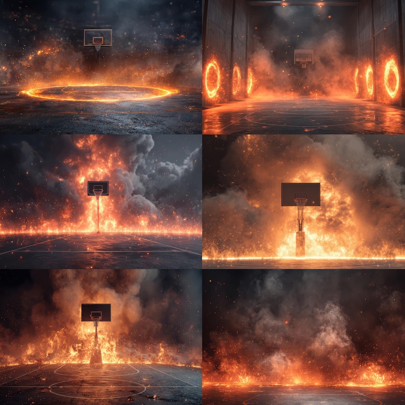 Fire Basketball Backdrop, Inferno Arena Background, Burning Hoop Overlay, Dark Concrete Court, Flames Digital Prop, 3D Render image 3