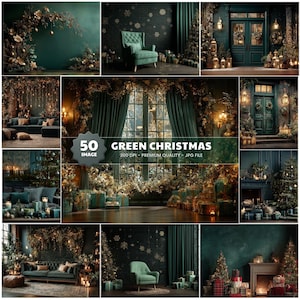 Può includere: Un collage di immagini con un tema natalizio verde. Le immagini includono alberi di Natale decorati, accoglienti soggiorni e scene festive all'aperto. Il testo "50 GREEN CHRISTMAS IMAGE" è visibile.