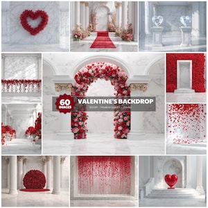 Puede incluir: Una colección de fondos de San Valentín con temas románticos. Las imágenes muestran arreglos florales rojos y rosas, decoraciones en forma de corazón y elementos arquitectónicos como columnas y arcos. El texto en la imagen dice "60 Images Valentine's Backdrop".