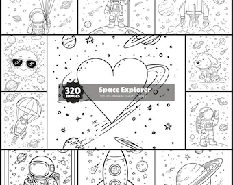 May include: Black and white line art illustrations of space-themed images. Astronauts, rockets, planets, and a sun wearing sunglasses are depicted. The text "Space Explorer" is also present.