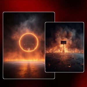 May include: Two images of a basketball court engulfed in flames. One shows a glowing orange hoop and backboard with a court outline. The other shows a basketball hoop with flames surrounding the court.