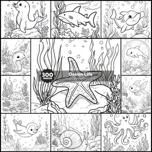 May include: Black and white line art illustrations of marine life, including a seal, sharks, a dolphin, a starfish, and an octopus. The text "Ocean Life" and "300 Images" are also present.