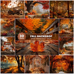 May include: A collection of 30 digital fall backdrops featuring autumn scenes with orange maple leaves, rustic trucks, pumpkins, wooden bridges, forest paths with string lights, and swings, labeled with the text 30 IMAGES FALL BACKDROP 300 DPI.