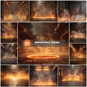 May include: A collection of digital images with an industrial steam theme. The images feature basketball hoops, industrial settings, and fiery effects. The text on the images reads "60 IMAGES" and "INDUSTRIAL STEAM". The images are high-quality JPG files.