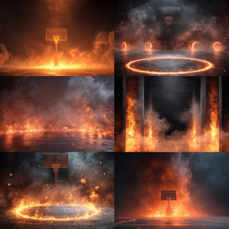 Fire Basketball Backdrop, Inferno Arena Background, Burning Hoop Overlay, Dark Concrete Court, Flames Digital Prop, 3D Render image 2