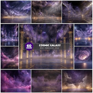 May include: A digital art collection of 60 images with a cosmic galaxy theme. The images depict basketball courts under dramatic skies with swirling purple and gold nebulas. The text reads "Cosmic Galaxy" and "300 DPI - Premium Quality - JPG File."
