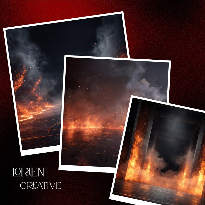 May include: Three framed images with a dark, fiery theme. The images feature flames, smoke, and a dark, reflective surface. The text "LORIEN CREATIVE" is at the bottom left of the image.