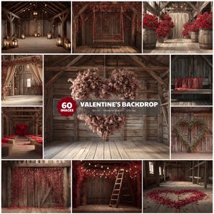 May include: A collection of 60 Valentine's Day backdrops. The images feature rustic wooden settings decorated with red roses, heart-shaped floral arrangements, and string lights. Some scenes include a swing, a bench, and a ladder.