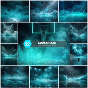 May include: A collection of aqua-themed digital images featuring basketball hoops, water, and stormy weather effects. The images have a dark, moody aesthetic with a focus on the interplay of light and water. The text "AQUA SPLASH" is visible.