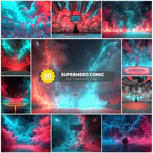 May include: A collection of 60 superhero-themed images with a basketball court setting. The images feature vibrant red and blue color schemes with lightning and smoke effects. Text on the images reads "SUPERHERO COMIC".
