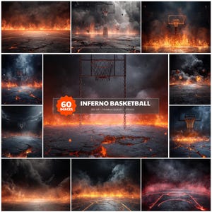 May include: A collage of images depicting a basketball court engulfed in flames and lava, with a basketball hoop in each scene. The text "60 IMAGES" and "INFERNO BASKETBALL" is visible.