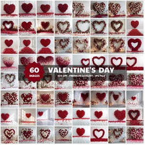 May include: A collection of 60 Valentine's Day images featuring heart-shaped floral arrangements and decorations. The images showcase various styles, including solid hearts, floral wreaths, and heart-shaped designs with petals scattered on the floor.
