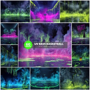 Może przedstawiać: Obrazy sztuki cyfrowej przedstawiające boiska do koszykówki z neonowymi zielonymi, niebieskimi i fioletowymi efektami świetlnymi. Tekst "UV RAVE BASKETBALL" jest wyświetlany z "60 IMAGES" i innymi szczegółami.
