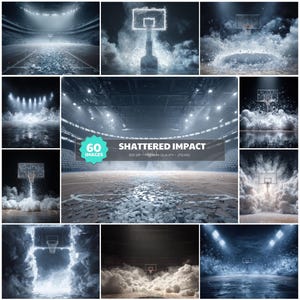 May include: A collection of digital images showcasing basketball hoops with dramatic visual effects. The images feature shattered court surfaces, glowing backboards, and atmospheric fog, with the text "SHATTERED IMPACT".