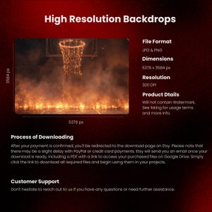 May include: A digital backdrop featuring a basketball hoop engulfed in flames, set against a dark, smoky background. The image is labeled "High Resolution Backdrops" with dimensions of 5376 x 3584 px and a resolution of 300 DPI. The file format is JPG & PNG.
