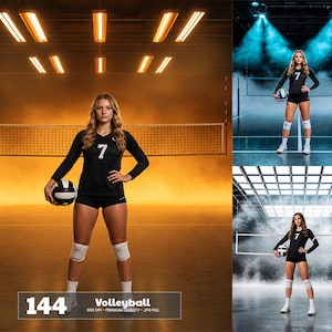 Op de afbeelding: Een volleyballer draagt een zwart shirt met lange mouwen en nummer 7, een zwarte korte broek, witte kniebeschermers en witte sokken. De speler houdt een zwart-witte volleybal vast voor een volleybalnet. De scène heeft sfeervolle verlichting.