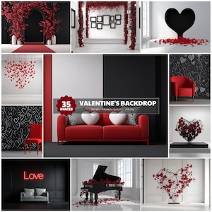 May include: A selection of images with a Valentine's Day theme. The images showcase red and black decor, including a red sofa with heart-shaped cushions, a piano, and a heart-shaped wall cutout. The text "VALENTINE'S BACKDROP" is also visible.